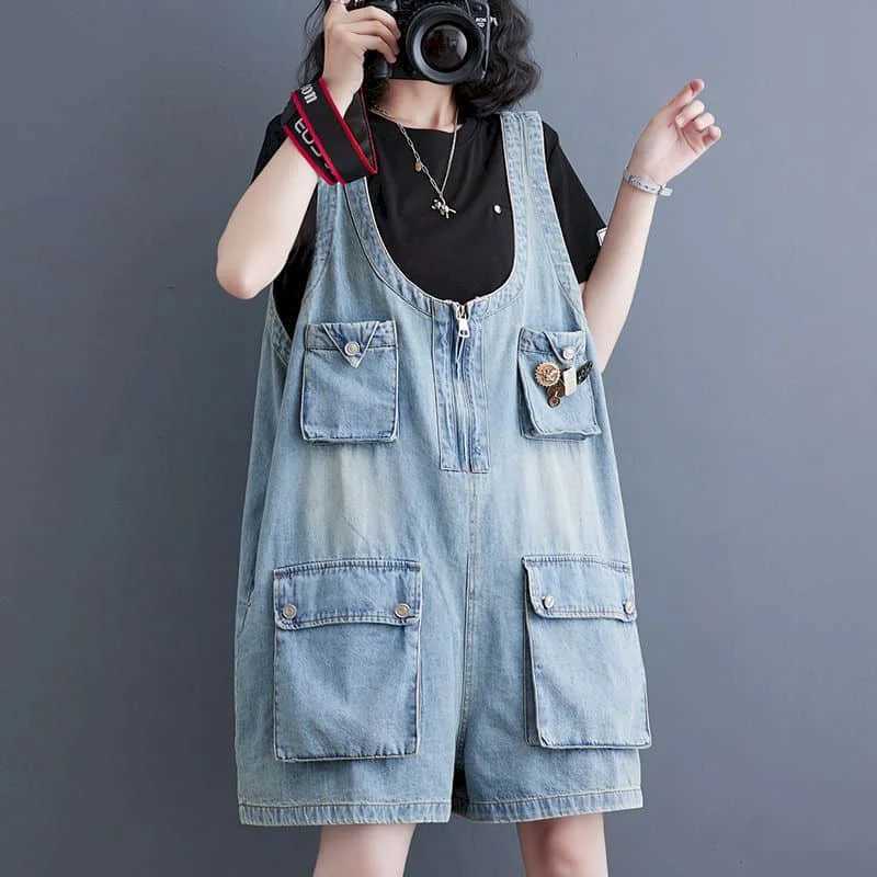 Women's Jumpsuits Rompers Denim Jumpsuits Korean Fashion Playsuits One Piece Outfits Women Clothing Oversized Five-point Shorts Big Pocket Wide L