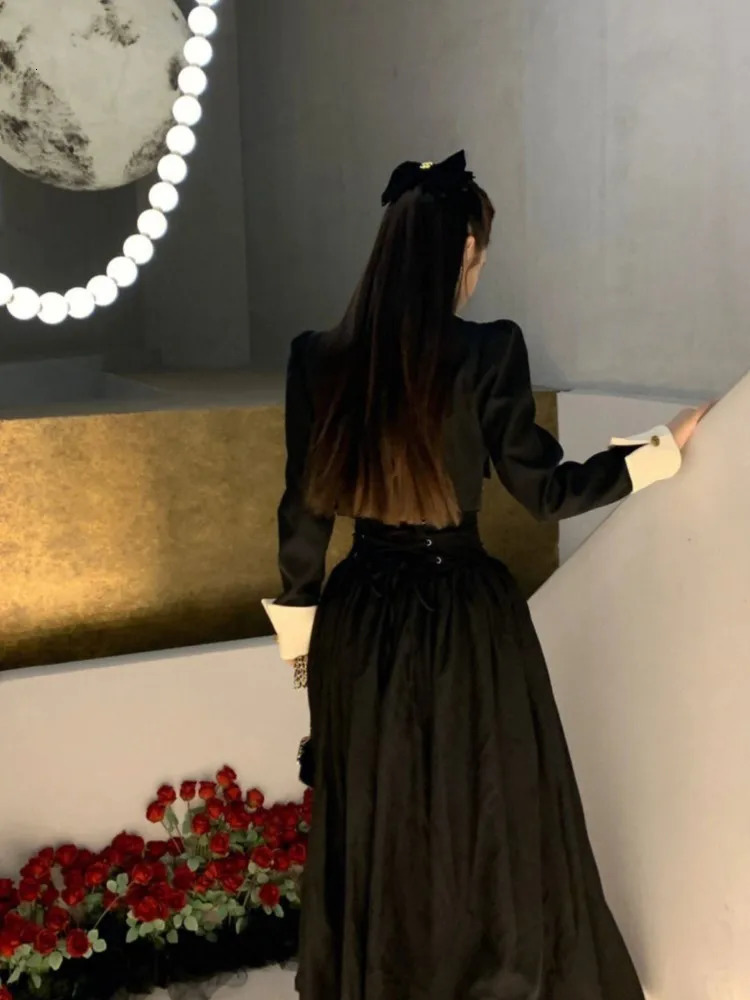 Spring Elegant 2 Piece Sets Womens Vintage Black Blazer Skirts Suit Femme Outfits Autumn Korean Fashion y2k Clothes 240423