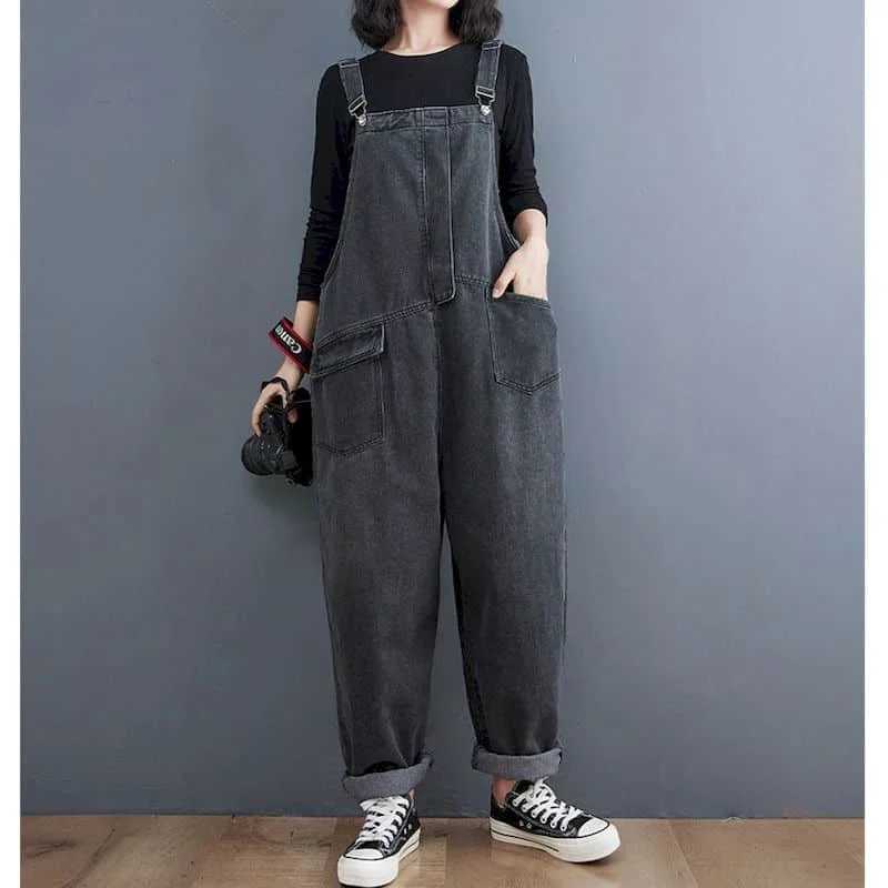 Women's Jumpsuits Rompers Solid Jumpsuits for Women Pocket Design Straight Pants Vintage One Piece Outfit Women Clothing Safari Style Loose Casua