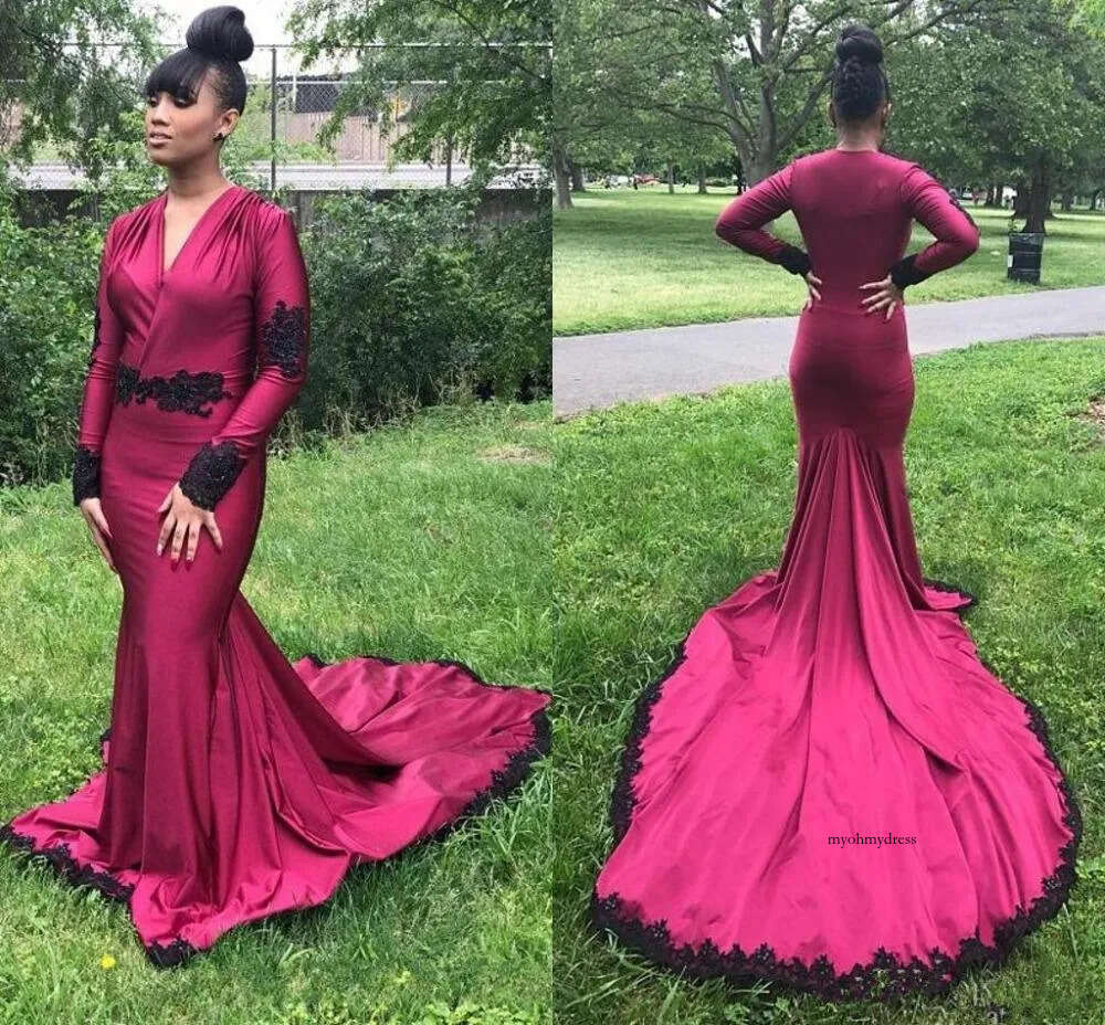 African Bury V Neck Mermaid Prom Long Sleeves Evening Gowns Black Lace Appliques Party Dresses Formal Wear B129 0510