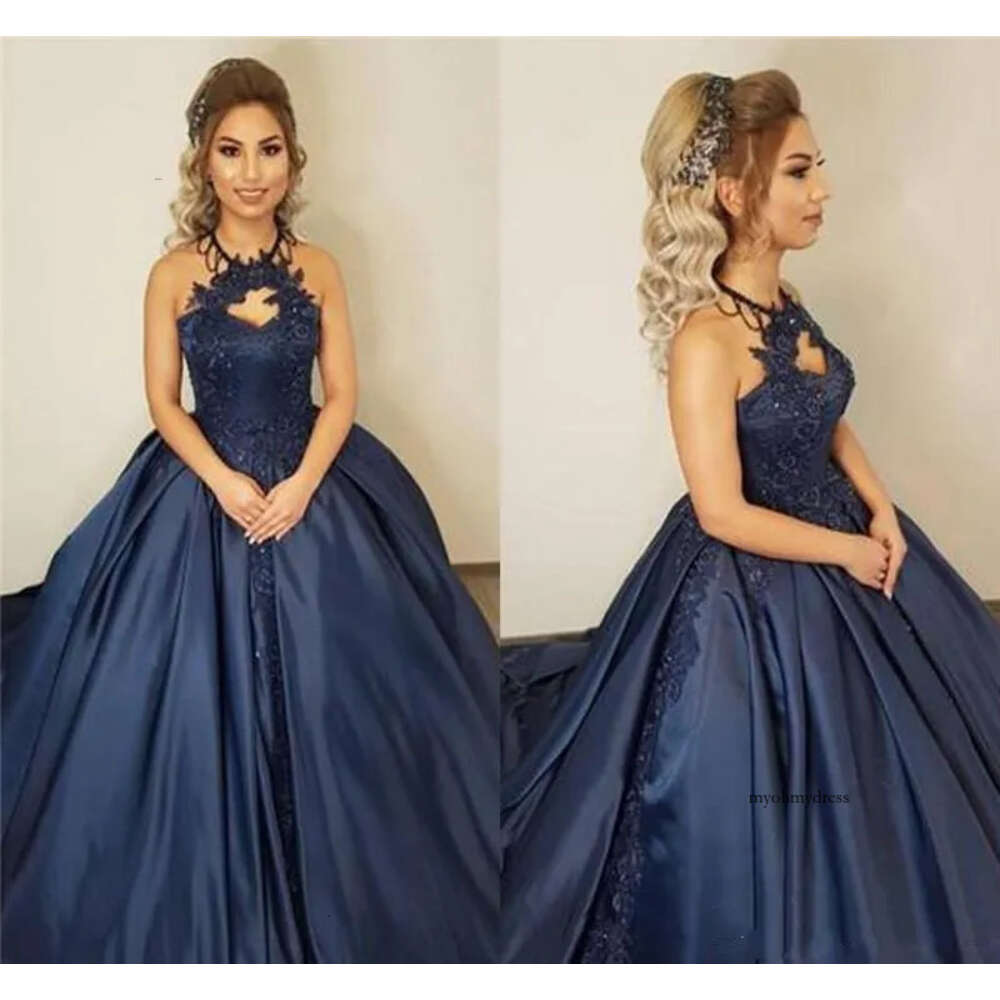 2019 Dark Navy Prom Halter Lace Evening Party Gowns Sweet 16 Quinceanera Graduation Dresses Pageant Dress Puffy Skirt Custom Made 0510