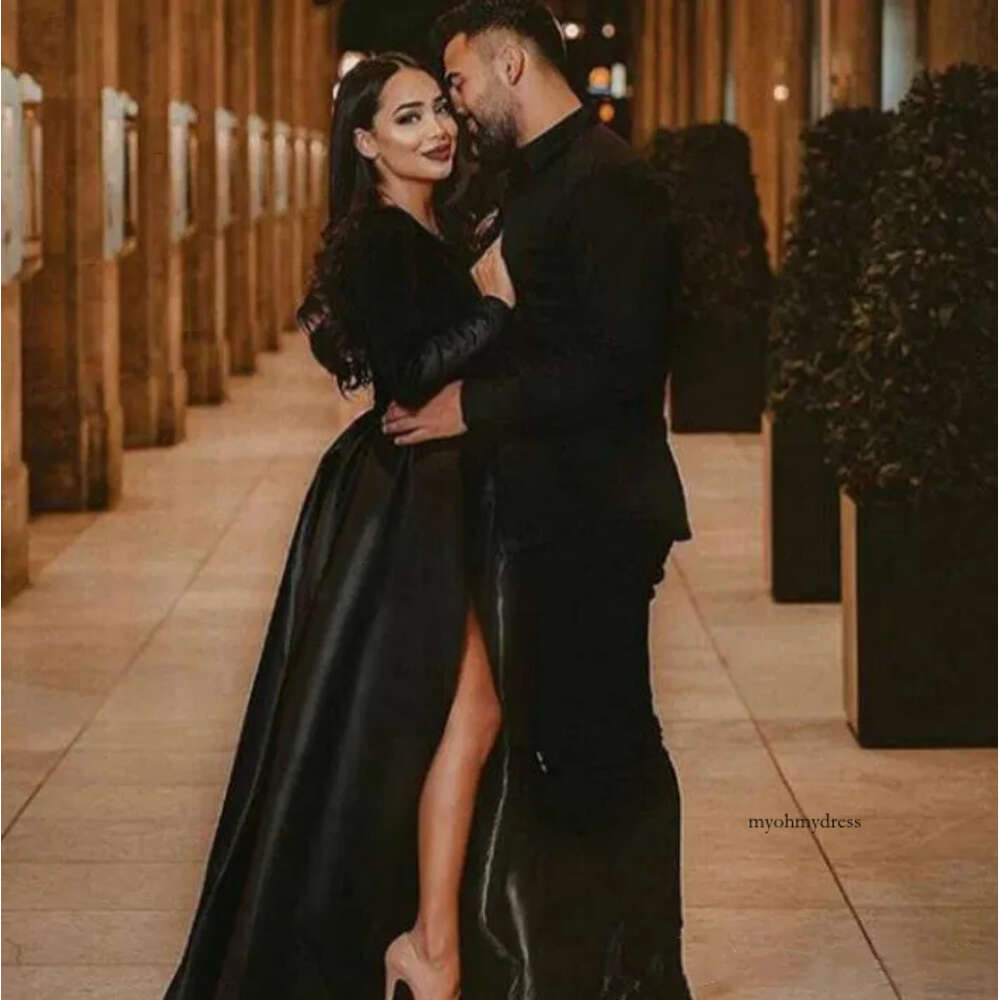 2019 New Fashion Sexy Deep V Neck Black Long Sleeves High Side Split Special Ocn Prom Dresses Formal Evening Gowns 0510