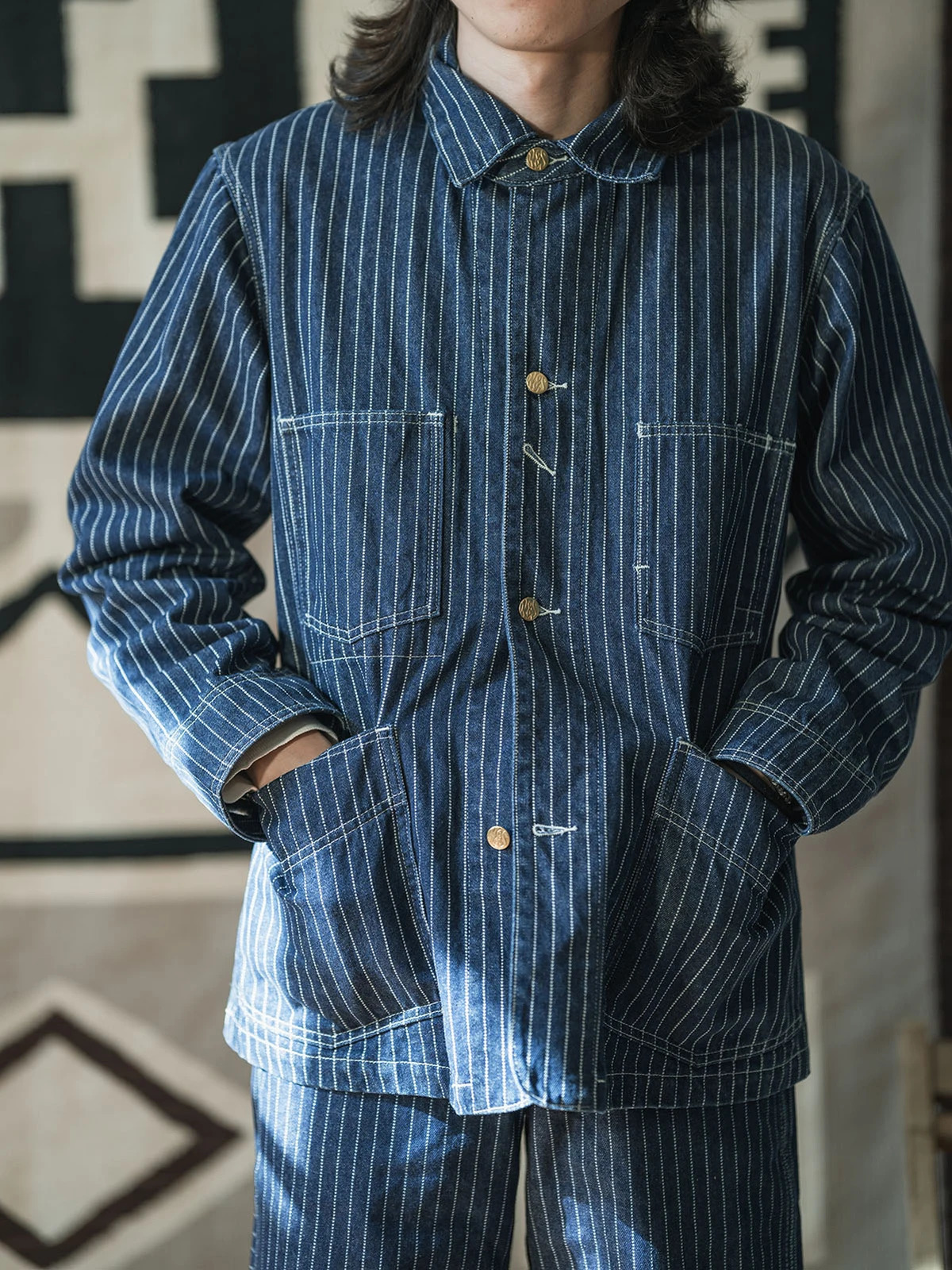 Non Stock 12oz Wabash Chore Jacket Vintage Mens Railroad Stripe Denim Coat Blue 240428