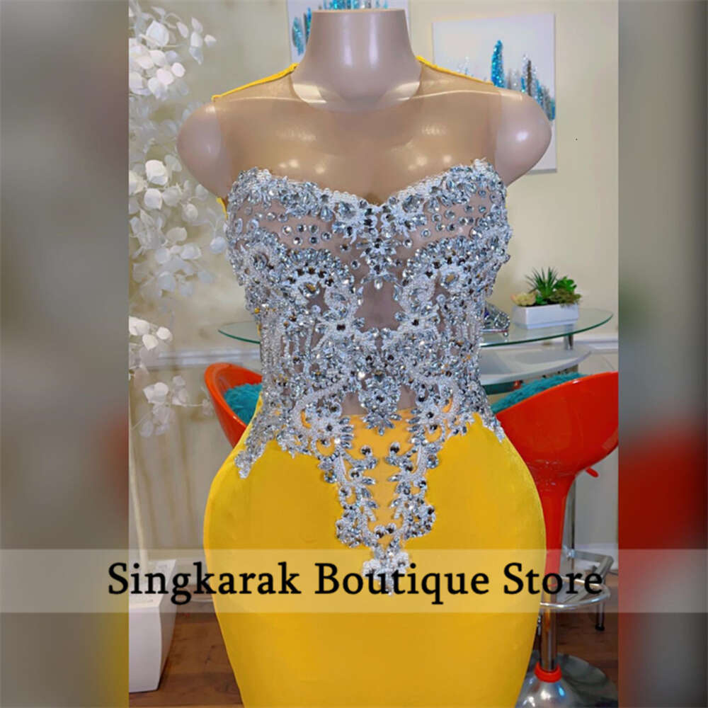Sexy Dias Yellow Long Prom Dress For Black Girls Veet Beaded Crystal Birthday Party Dresses Mermaid Evening Gown Robe De