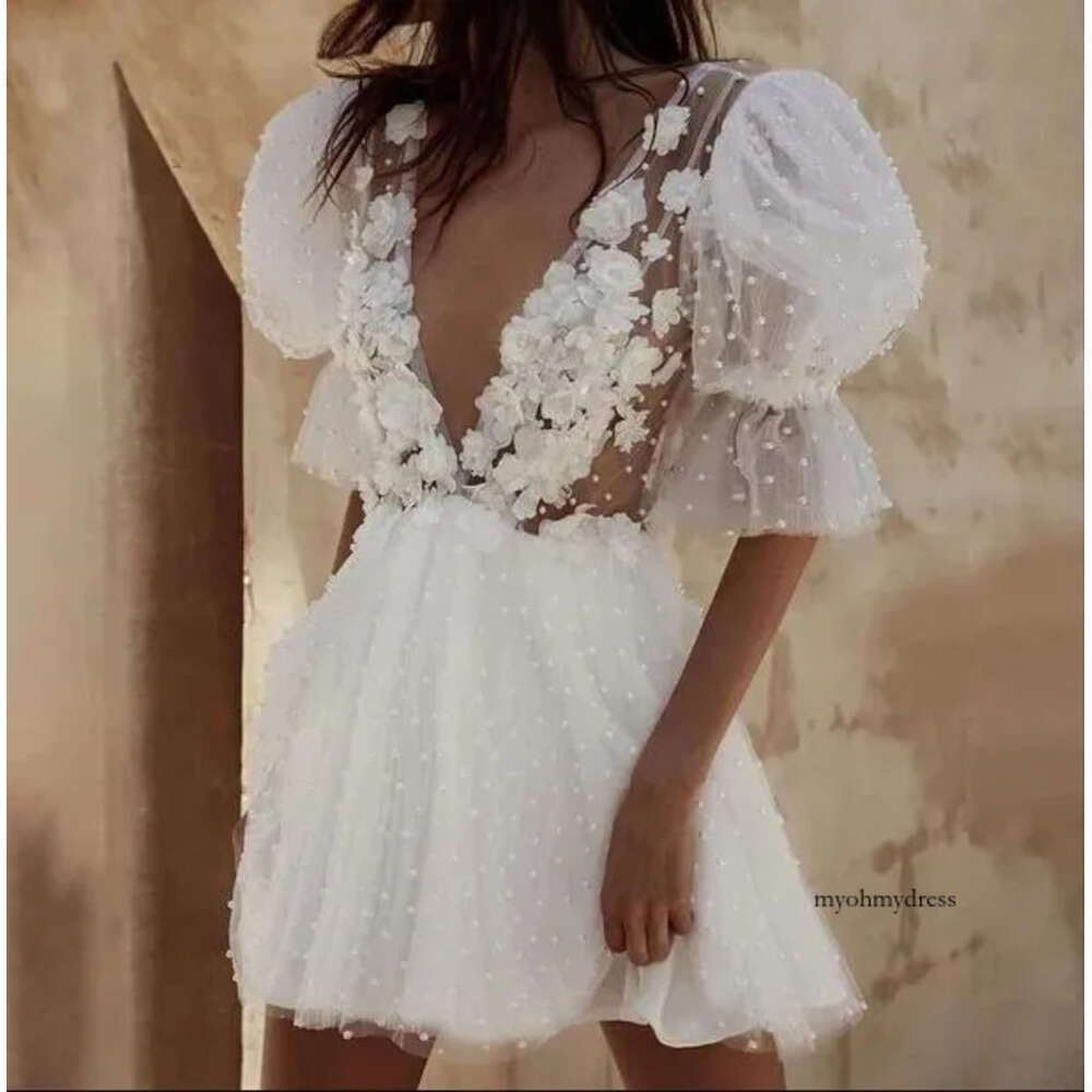 Puffy Sleeves Ivory Short Prom Dress 3D Floral Flowers Evening Party Gown Pearls Tail Pageant Gowns Sexy Backless Custom Made 0510