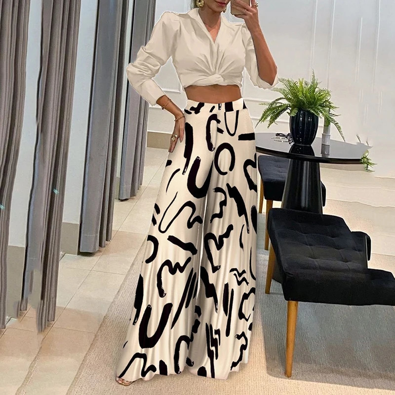 Fashion Women Sets Bohemia Beach Style Street Trendy VNeck Long Sleeve Shirt Top Wide Leg Pants High Waist Set 240423