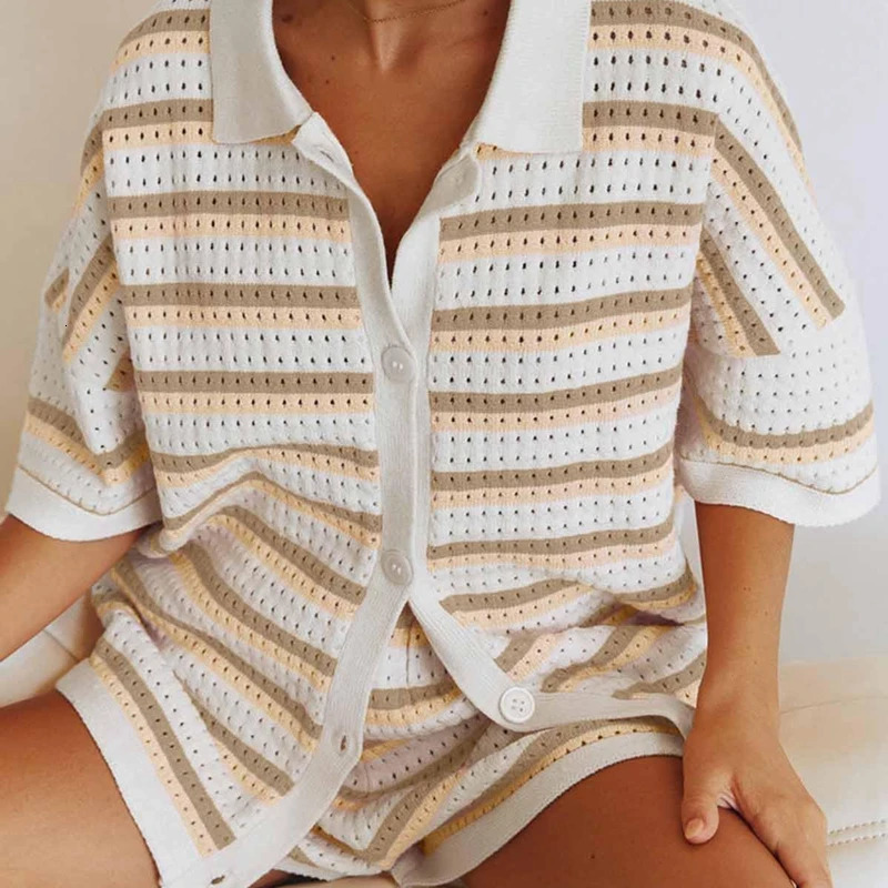 Women Casual 2 Pieces Set Loungewear Matching Suits Stripe Contrast Color Button Crochet Knit Blouse Tops Shorts Outfits 240423