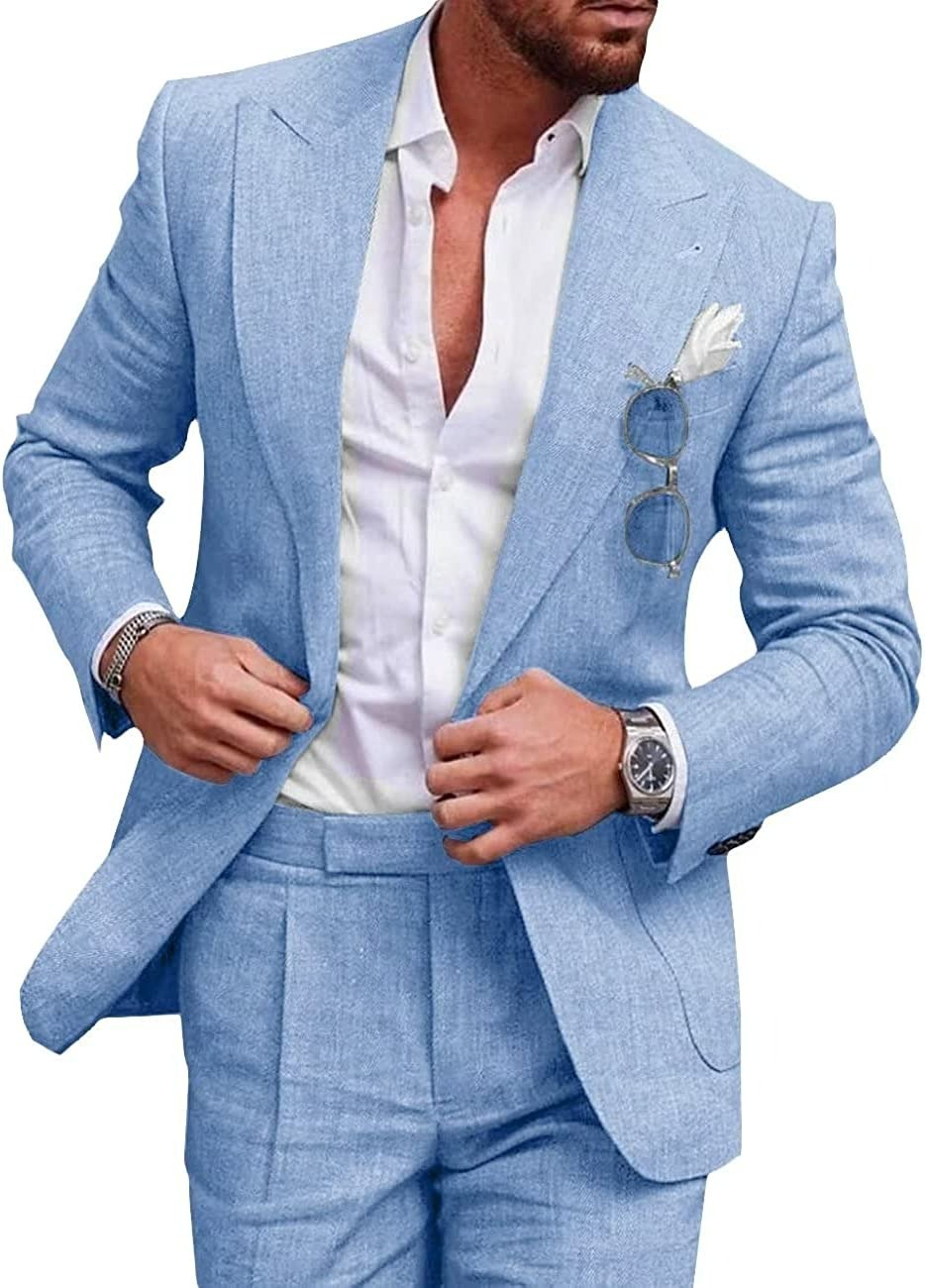 Mens Linen Suits for Beach Slim Fit 2 Piece Wedding Tuxedo for Men Attire Casual Summer Groomsmen Suit Holiday Party Marriage One Button