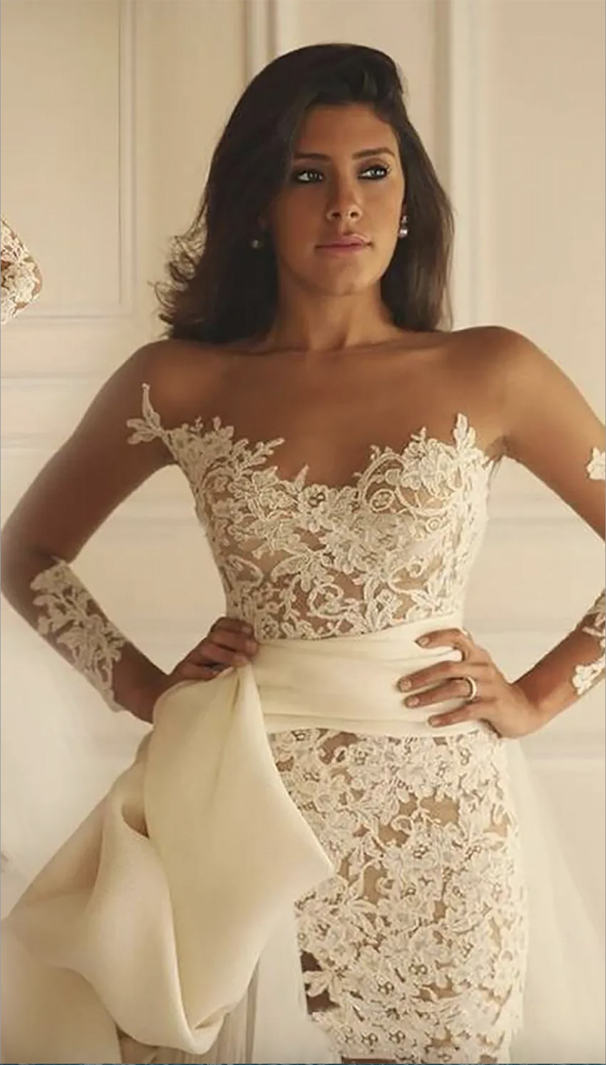 Maison Yeya Short Lace Wedding Dresses with Detachable Train 2024 Illusion Long Sleeve Sheer Neck Holiday Bridal Two Pieces Wedding Gown