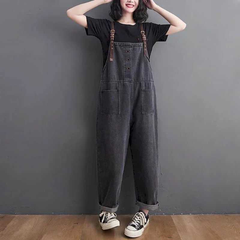Women's Jumpsuits Rompers Black Denim Jumpsuits for Women Korean Style Solid Playsuit Wide Leg Pants Loose Trousers Oversized Overalls for Women 