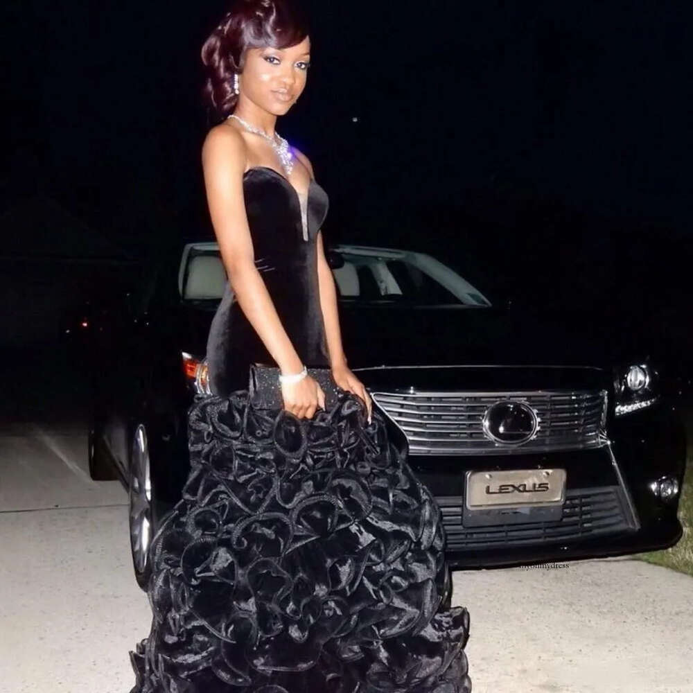 African With Ruffles Sweetheart Black Veet Mermaid Evening Club Wear Party Dresses Prom Gowns Custom Made 0510