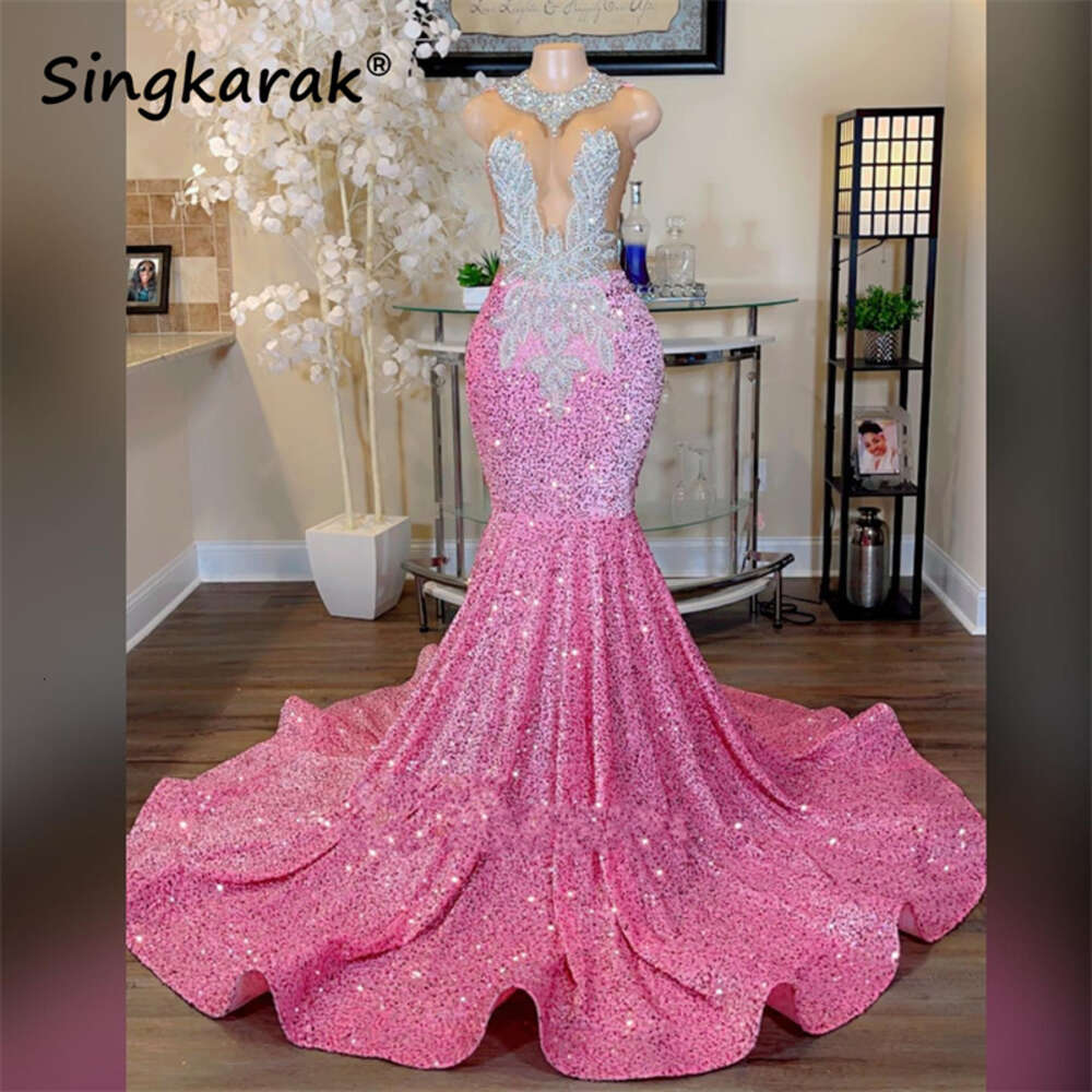 Glitter Pink Mermaid Prom Dress For Black Girls Sparkly Crystal Rhies Beading Birthday Party Homecoming Sequins Gown 6660311