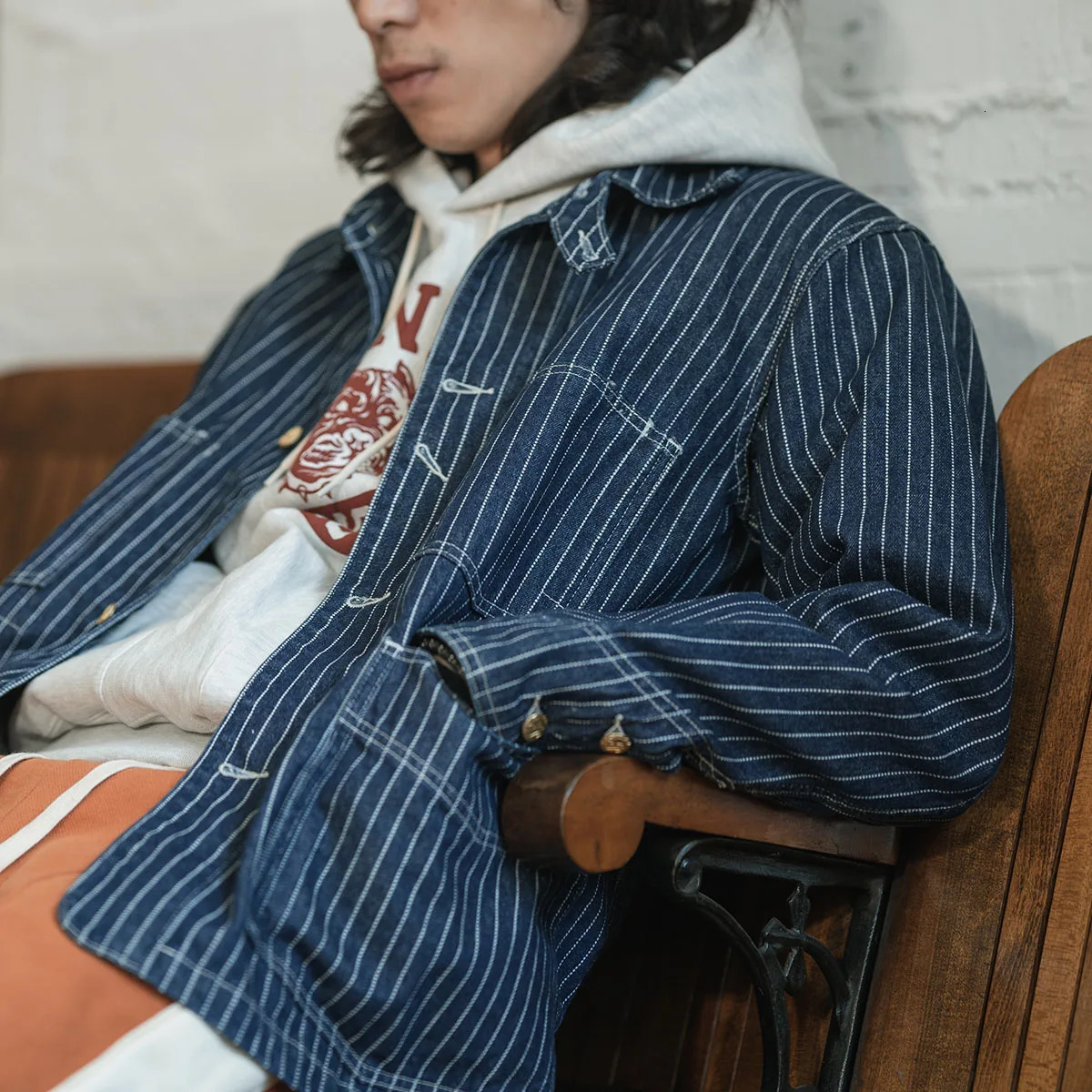 Non Stock 12oz Wabash Chore Jacket Vintage Mens Railroad Stripe Denim Coat Blue 240428