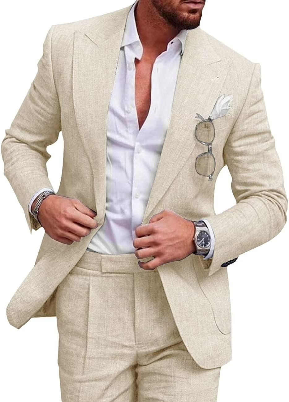 Mens Linen Suits for Beach Slim Fit 2 Piece Wedding Tuxedo for Men Attire Casual Summer Groomsmen Suit Holiday Party Marriage One Button