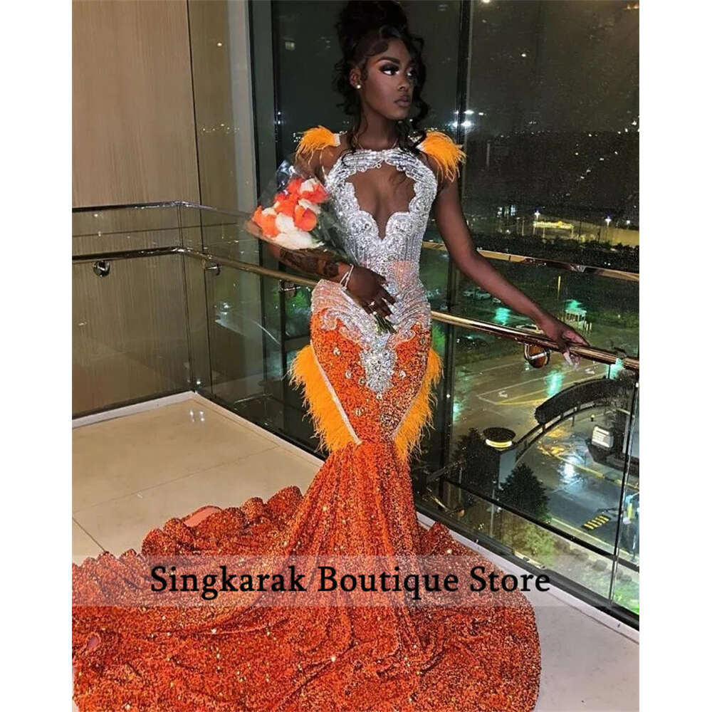 Sparkly Orange Prom Dress 2024 Glitter Crystal Beads Rhies Feathers Sequins special Party Evening Gown Robe