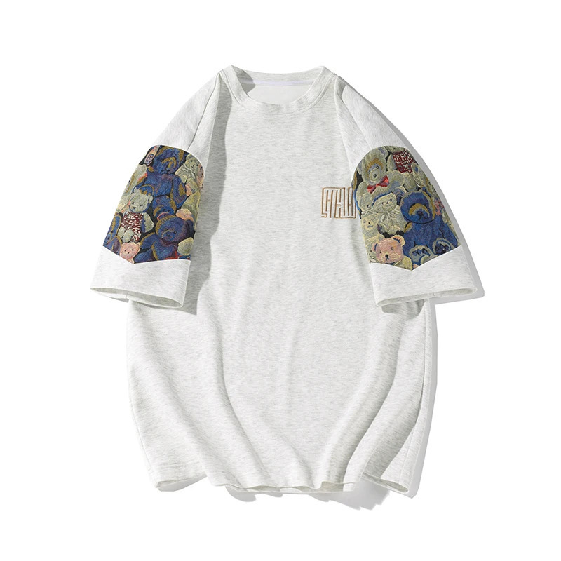 Trendy Bear Embroidery Tshirt Summer Big Size Men Fashion Splicing Tshirts Casual Seven Sleeve Man Women Tee Tops 240509
