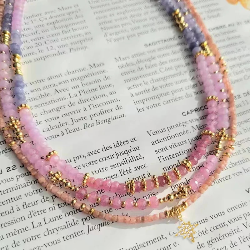Trendy Charm Natural Gem Star Pendant Necklace Women Girls Cute And Sweet Jewelry Pink Quartz Purple Jades Sunstone Collar 240428