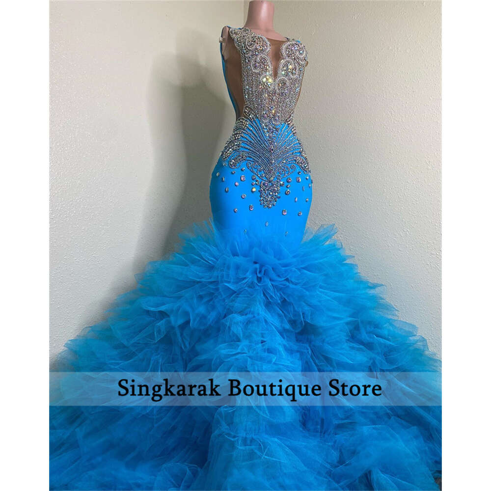 Luxuy Diamonds Long Prom Dresses 2024 Sparkly Beads Rhinestone Crystal Tiered Ruffle special Reception Party Gown