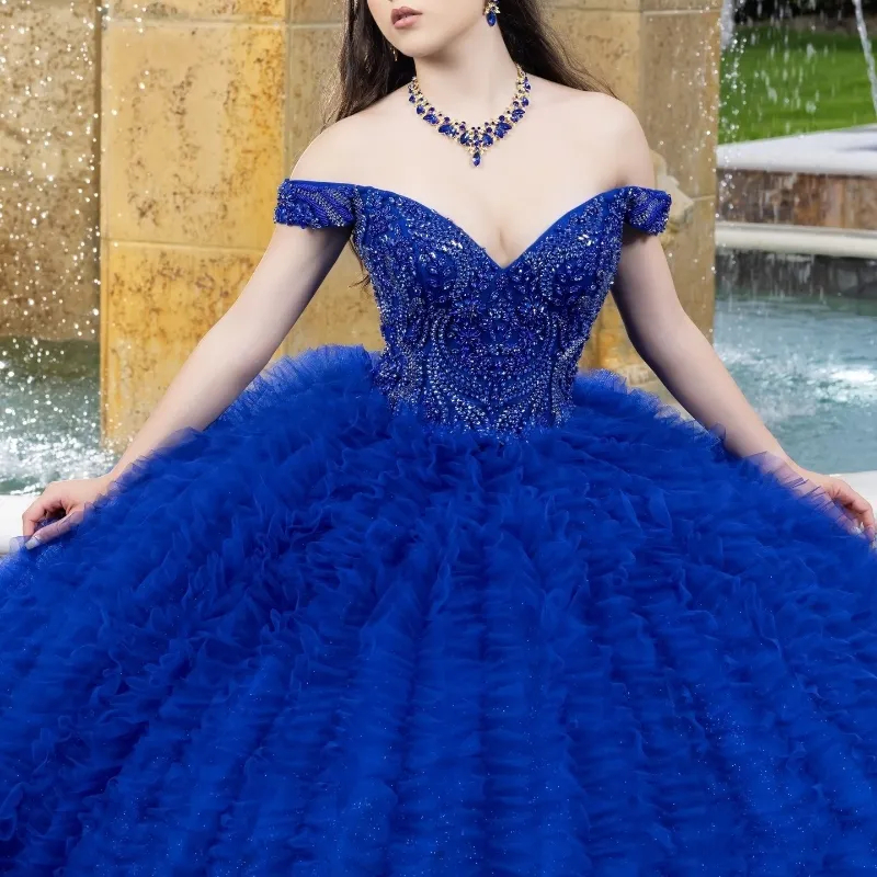 Ruffles Pluffy Ball Gown Quinceanera Dresses Crystals Beaded Off Shoulder Floor Length Princess Prom Party Dress Royal Blue Sweet 16 Dress Vestido De 