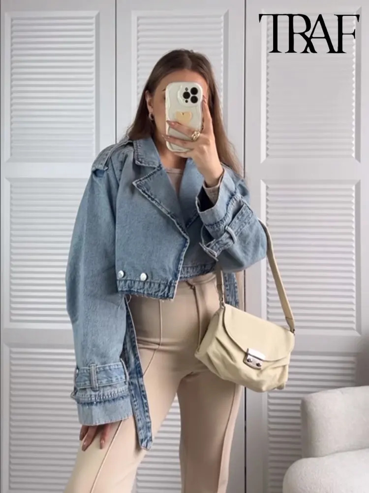 TRAF Spring Denim Cropped Trench Coat For Women Short Coats Jackets Ladies Long Sleeve Loose 240423