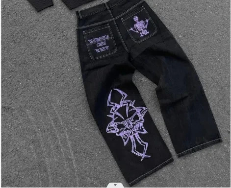 Y2k Men Jeans Baggy Jeans Hip Hop Punk Ripped Jeans Harajuku Goth Skull Embroidery Wide Leg Straight Jeans for Men 240429