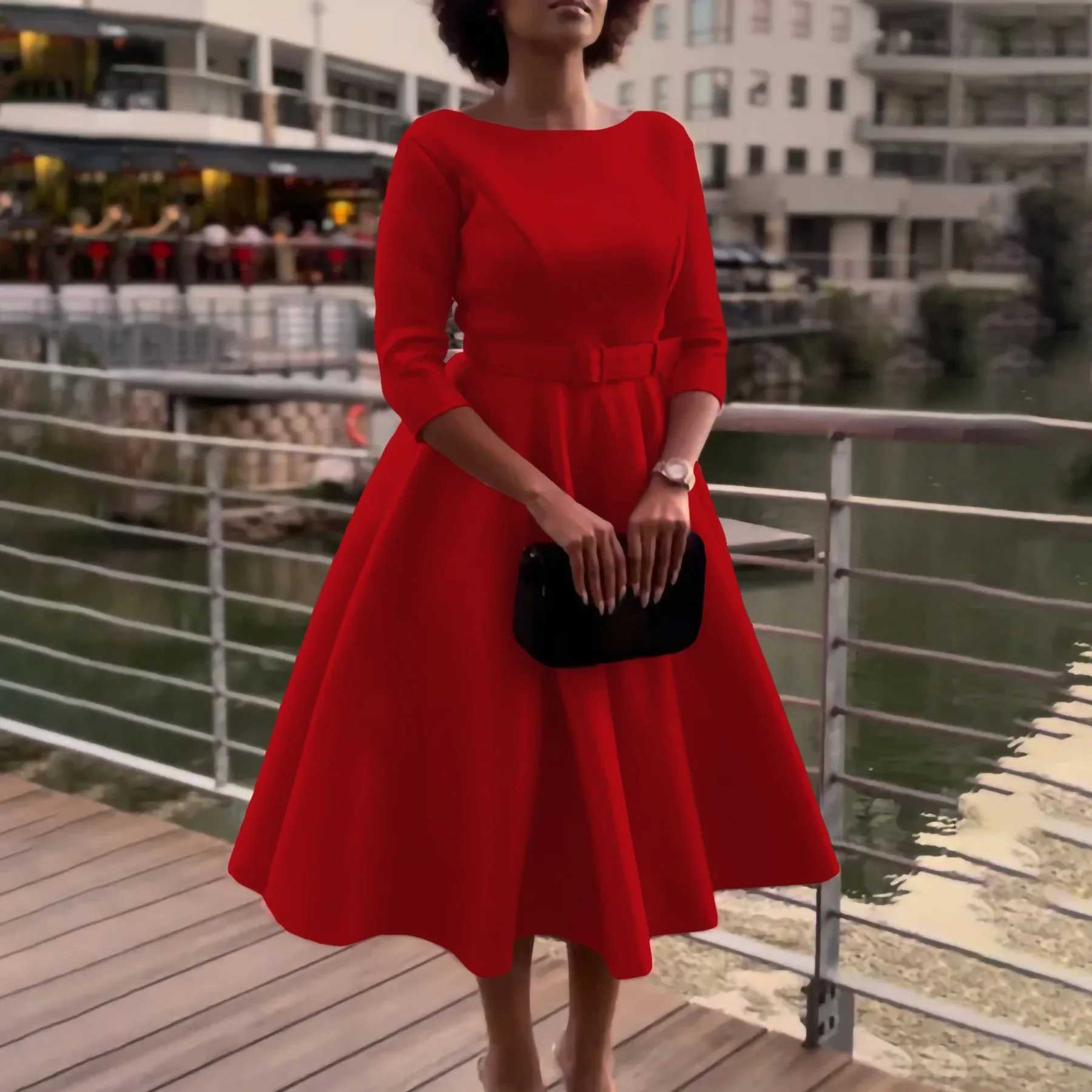Plus size Dresses Women Vintage Evening Party Dresses Summer Casual long slve Solid Color Ladies Elegant Outfits Plus Size Africa Clothes Y240510