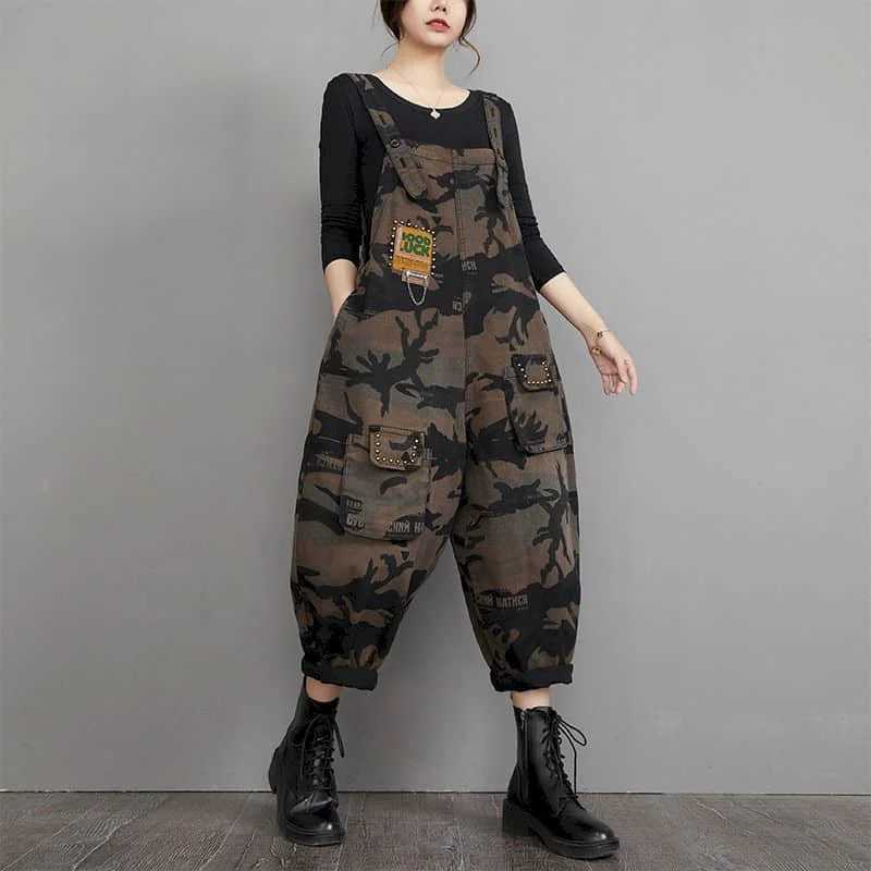Women's Jumpsuits Rompers Denim Jumpsuits for Women Large Size One Piece Outfit Women Camouflage Romper Loose Korean Fashion Pocket Casual Vintag