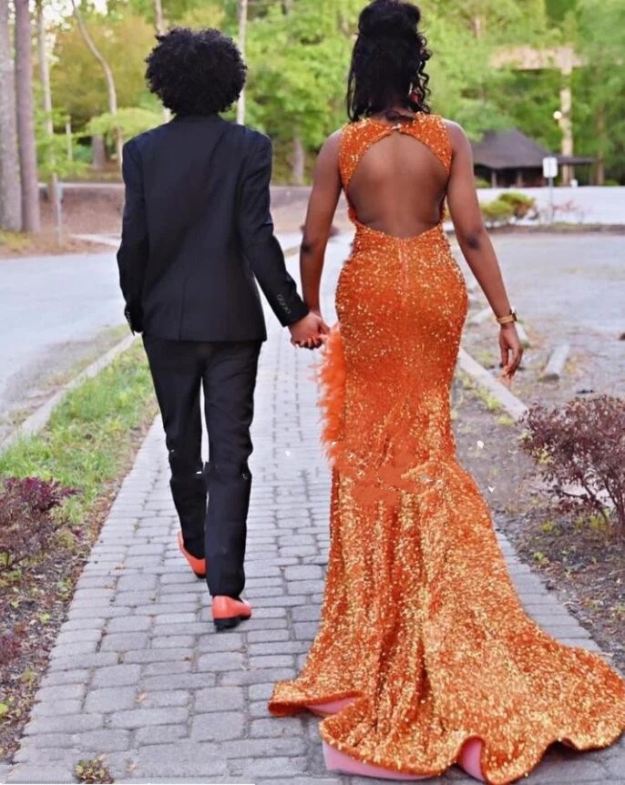 Orange African Evening Reception Dresses for Women Sparkly Dia Feather Veet Slit Prom Gown Black Girl