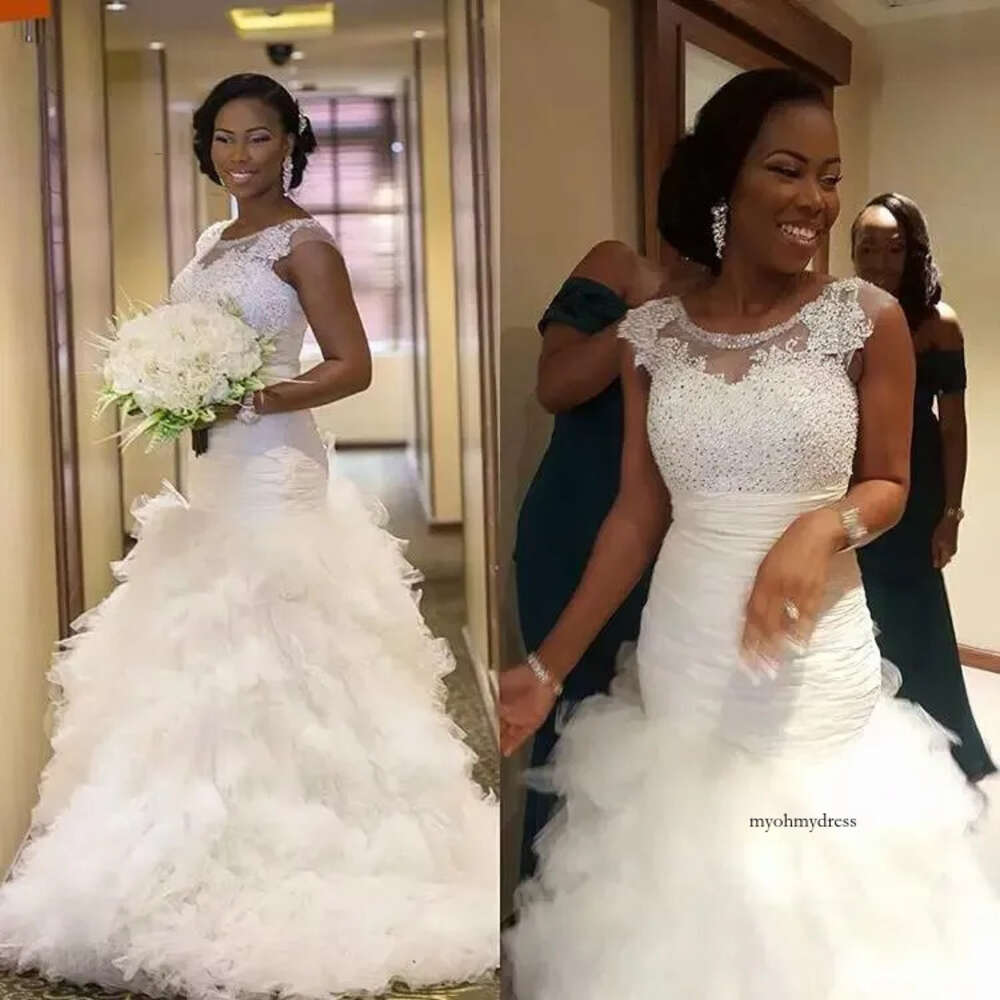 Gorgeous Mermaid Wedding Dresses Designer Ruffle Skirt Bridal Gowns Lace Applique Beading Bodice Jewel Neck Cap Sleeves Plus Size B93 0510