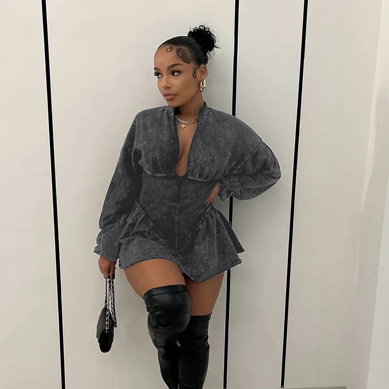 BIKPIIK Distressed Sexy Womens Playsuits Fashion Grey Zipper Mini Culotte Clubwear Rompers Unique Casual Overalls Birthday Party 240426