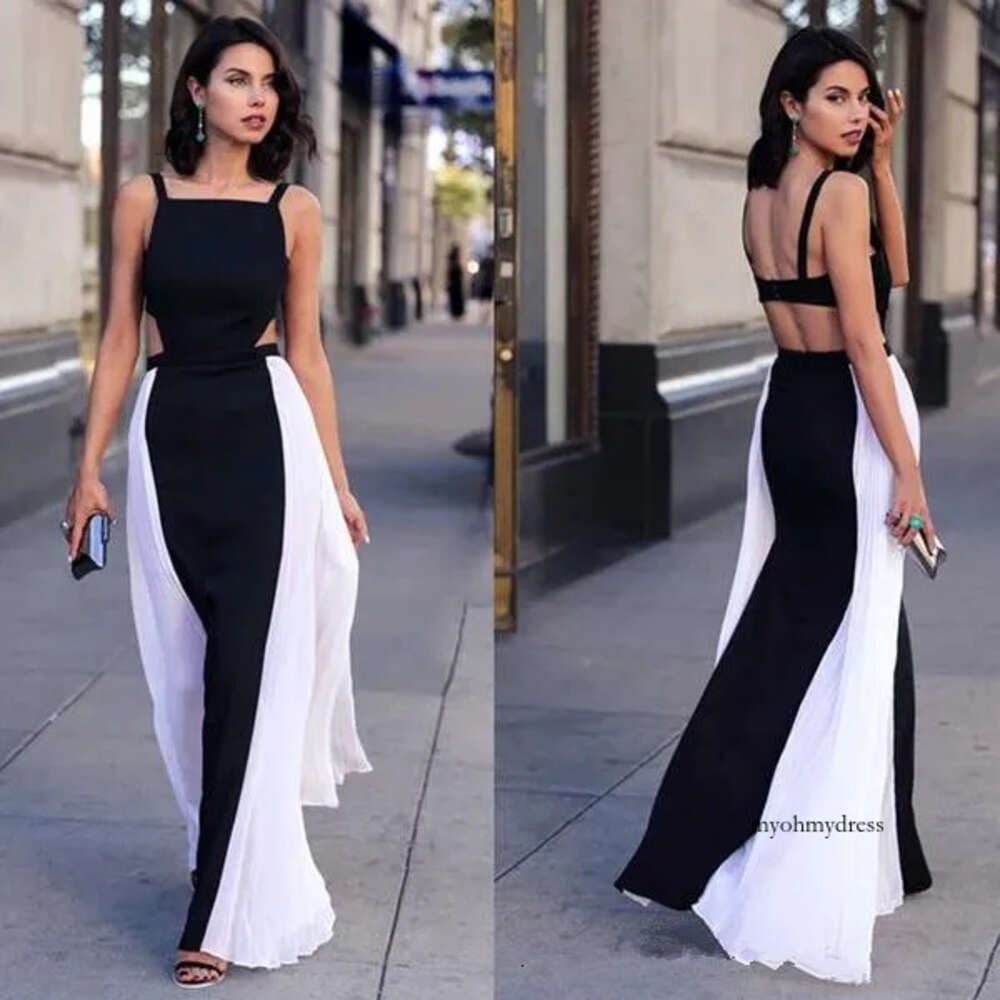 Black And White Prom Spaghetti Sleeveless Backless Chiffon Floor Length Evening Dress Maxi Beach Party Wear Bridesmaid Dresses 201 0510
