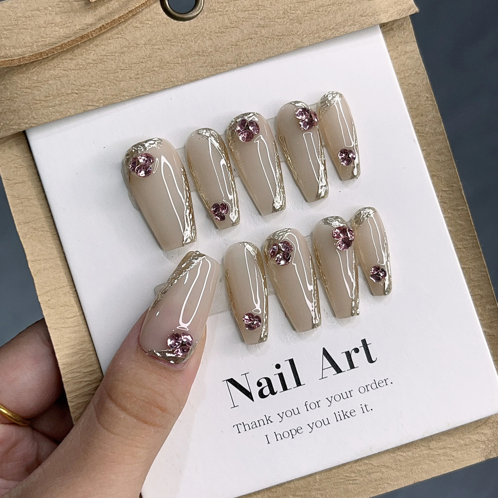 Champagne Color Rhinestone Girl Feeling Pure Desire Irregular Magic Mirror Powder Pile Handmade Press On NailsNo24236 240430