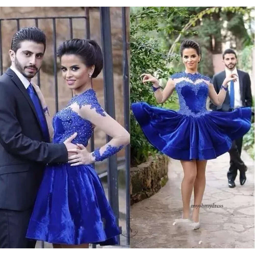 Veet Tail Vintage High Neck Lace Appliques Short Prom Gowns Long Sleeves Arabic Homecoming Dresses P40 0510