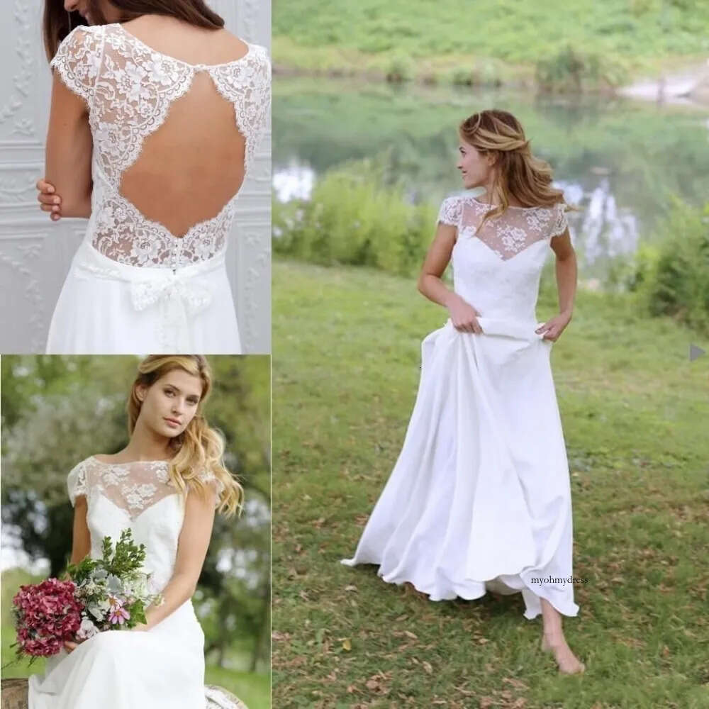 New Arrival Bohemian Wedding Boho Chiffon Beach Gowns 2018 Lace Bridal Dresses Capped Sleeve Vestido De Noiva Custom Made 0510