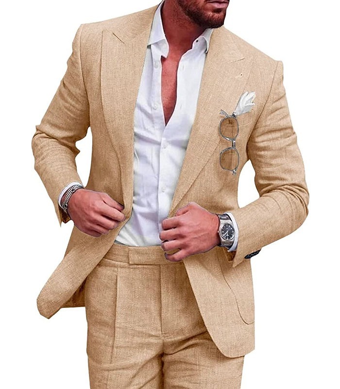 Mens Linen Suits for Beach Slim Fit 2 Piece Wedding Tuxedo for Men Attire Casual Summer Groomsmen Suit Holiday Party Marriage One Button