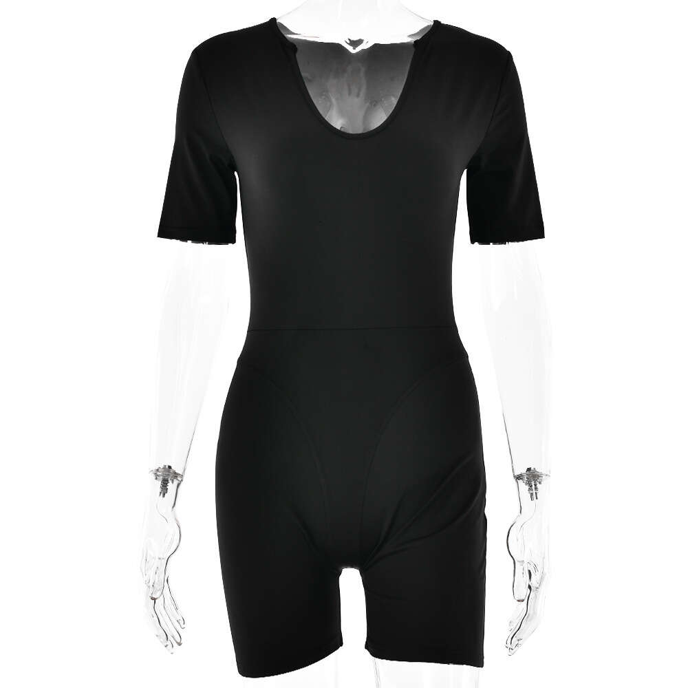 Sexy tight fitting jumpsuit hot selling in spring and summer, fashionable short sleeved V-neck patchwork bottom shirt for women F51034