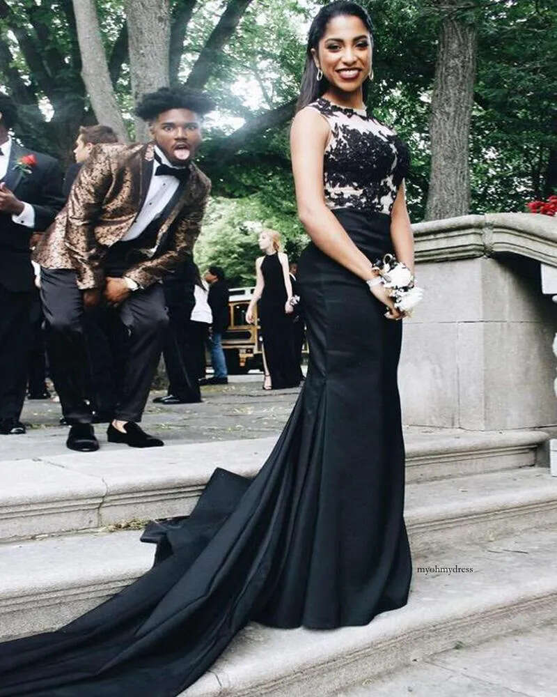 Mermaid Black Prom Dresses Sheer Jewel Sleeveless Vintage Lace Appliques Top Custom Made Evening Party Gowns With Court Train 80 0510