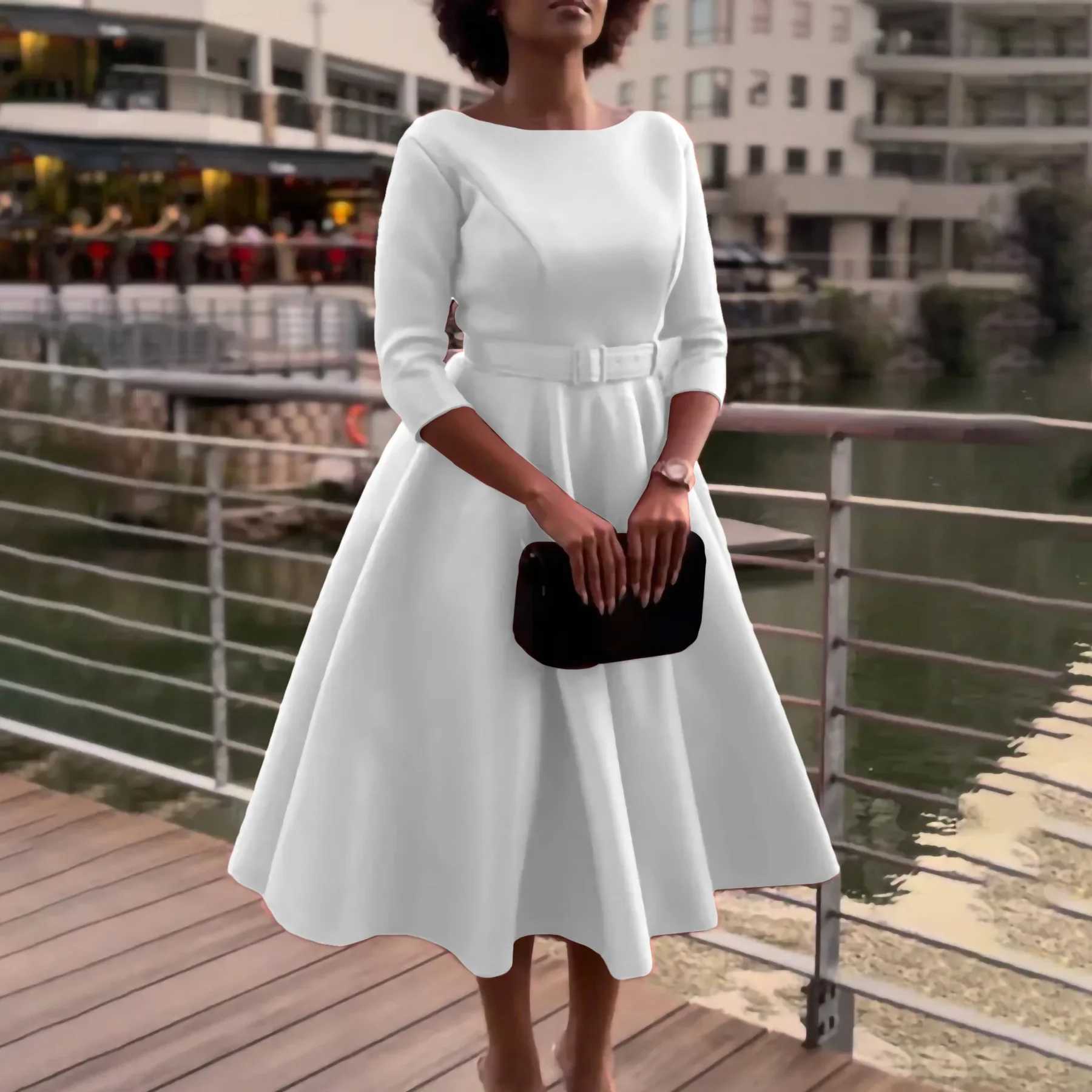 Plus size Dresses Women Vintage Evening Party Dresses Summer Casual long slve Solid Color Ladies Elegant Outfits Plus Size Africa Clothes Y240510