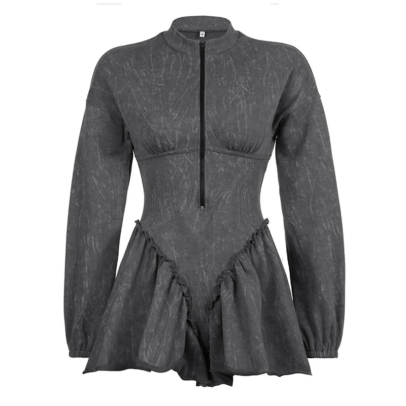 BIKPIIK Distressed Sexy Womens Playsuits Fashion Grey Zipper Mini Culotte Clubwear Rompers Unique Casual Overalls Birthday Party 240426