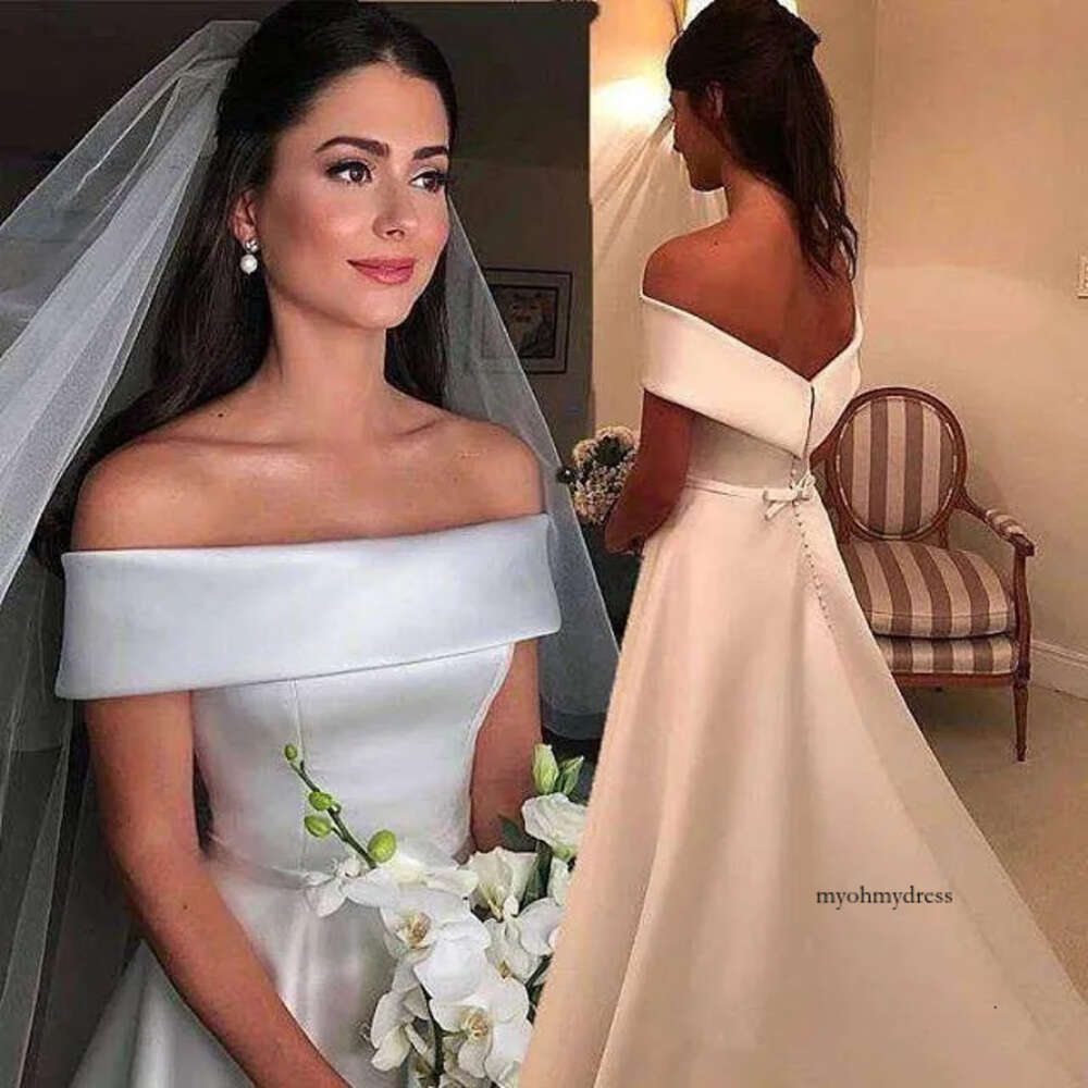 Simple Elegant Off The Shoulder A Line Satin Beach Garden Wedding Dresses Bridal Gowns 159 0510