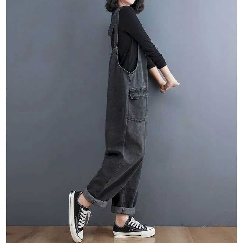 Women's Jumpsuits Rompers Solid Jumpsuits for Women Pocket Design Straight Pants Vintage One Piece Outfit Women Clothing Safari Style Loose Casua