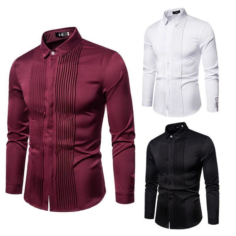 New mens long sleeved shirt British style lapel pleated mens uniform dress shirt bottom shirt 220322
