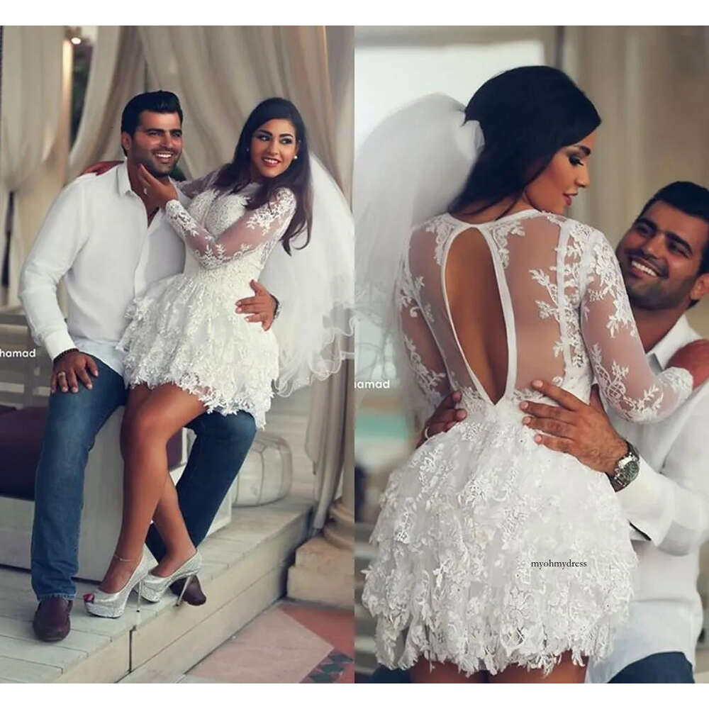 Elegant Lace Dress Long Sleeve Sheer Back Sexy Dresses Saudi Arabia Short Bridal Gowns For Wedding Party 13 0510