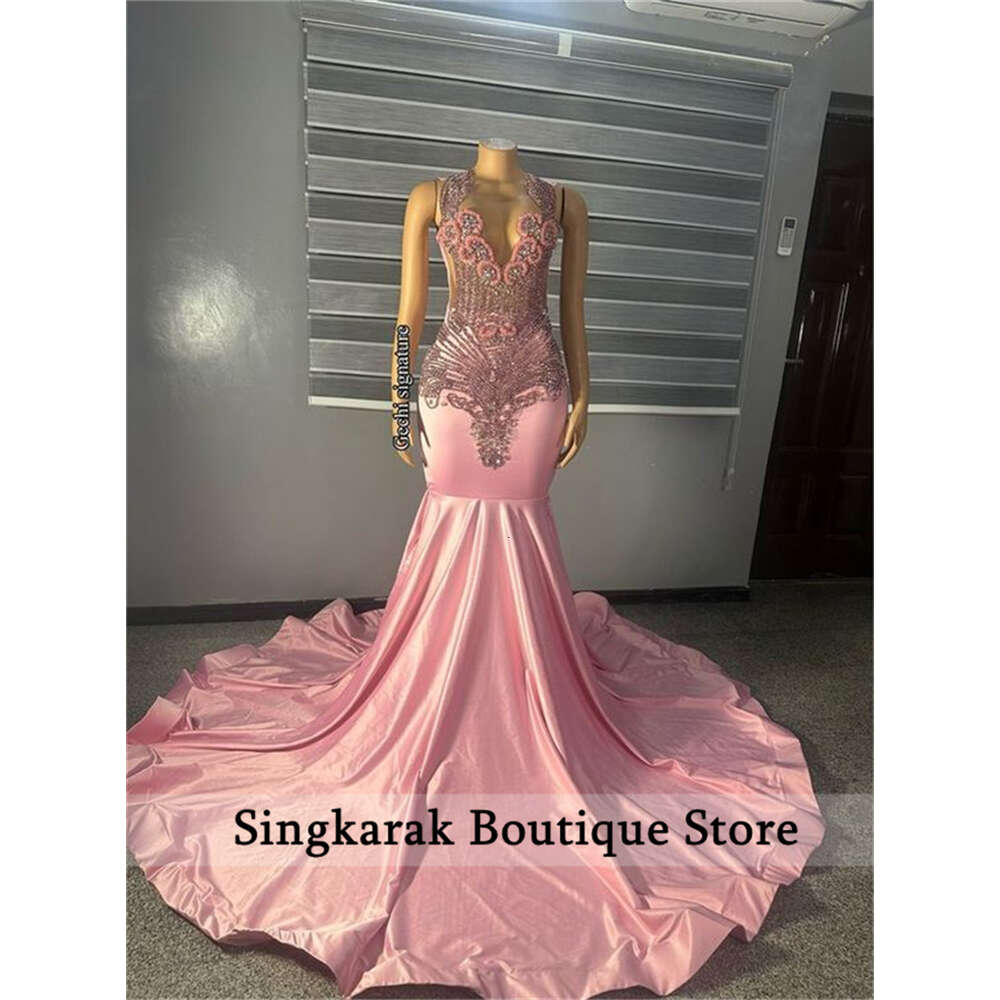 Shiny Pink Crystal Mermaid Prom For Black Girl Veet Beading Rhinestones Diamonds Birthday Party Dress special Gowns
