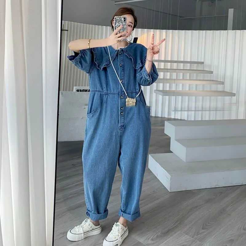 Women's Jumpsuits Rompers Denim Jumpsuits for Women Doll Collar Half Slved Korean Style Overalls Solid Workwear Women Rompers Casual Vintage Play