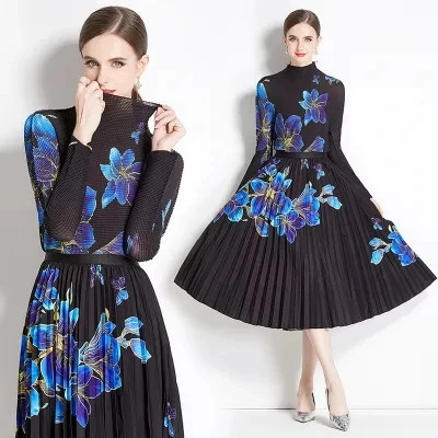 Summer Runway Flower Skirt Suit Womens Stretch Colorblock Knit Top High Waist Floral Printed Skirt Holiday Two Piece Set 240509