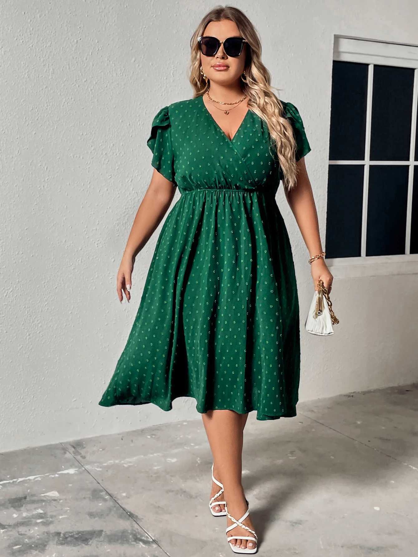 Plus size Dresses Plus Size Surplice Neck Swiss Dot A-Line Dress Women Vacation Casual Summer Boho Elastic Waist Large Size Elegant Midi Dresses Y2405
