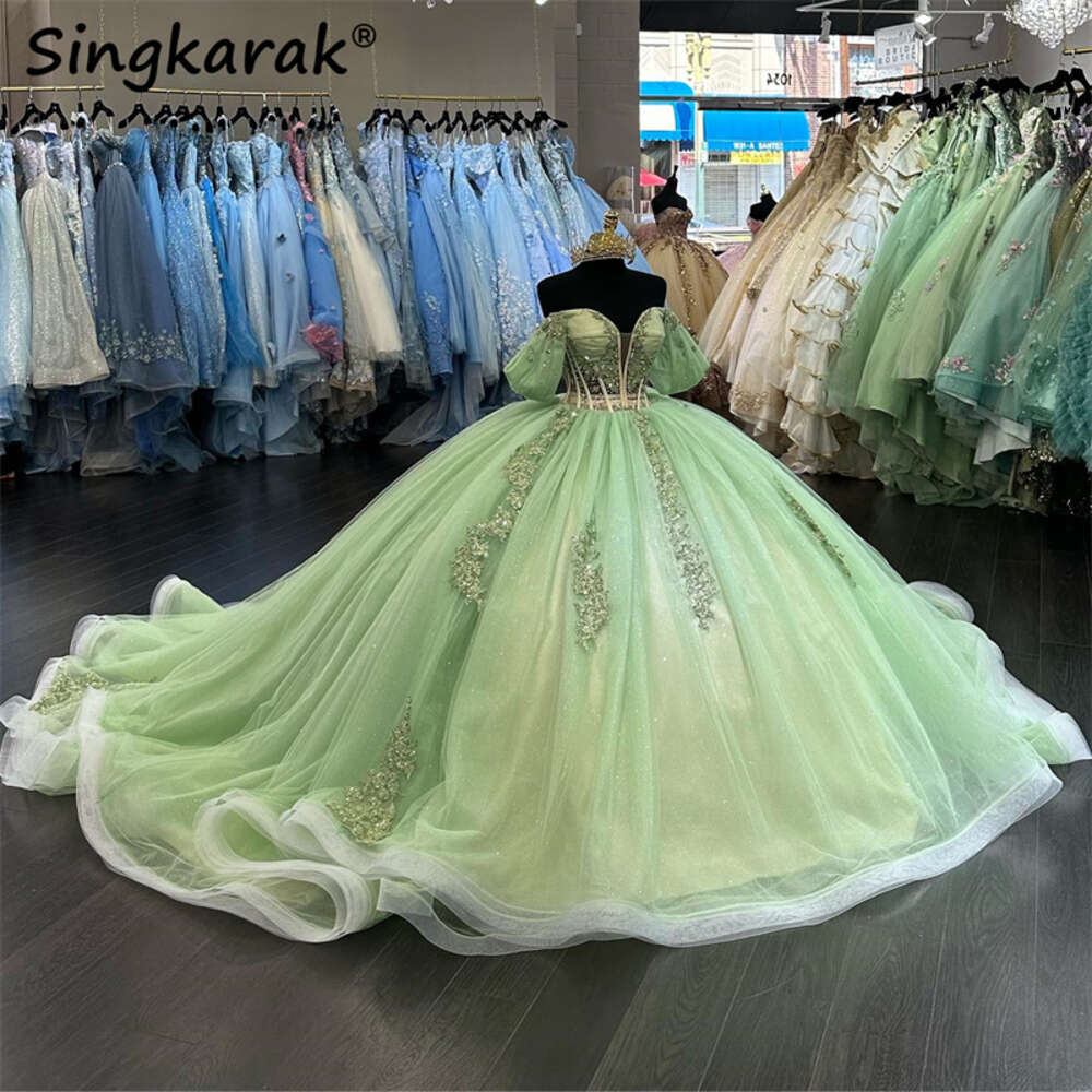 Green Sage Princess Quinceanera Dresses Lace Applique Beaded Ball Gown Off Shoulder Crystals Birthday Prom Vestido Court Train