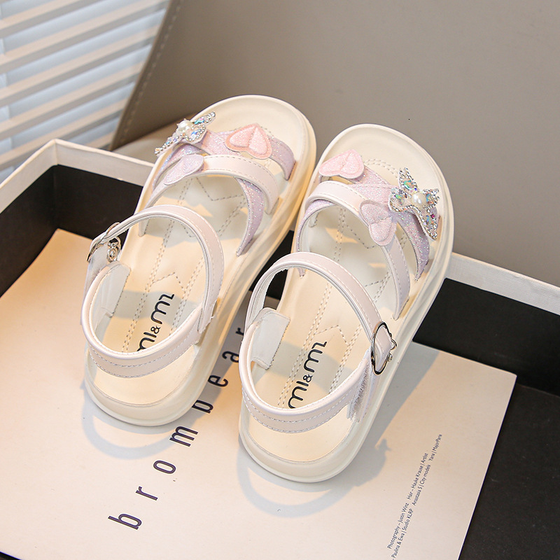 Sandals Girls Sandals Summer Sweet Princess Kids Fashion Princess Solid Children Soft PU Rhinestones Flower Shine Party Shoes 230421