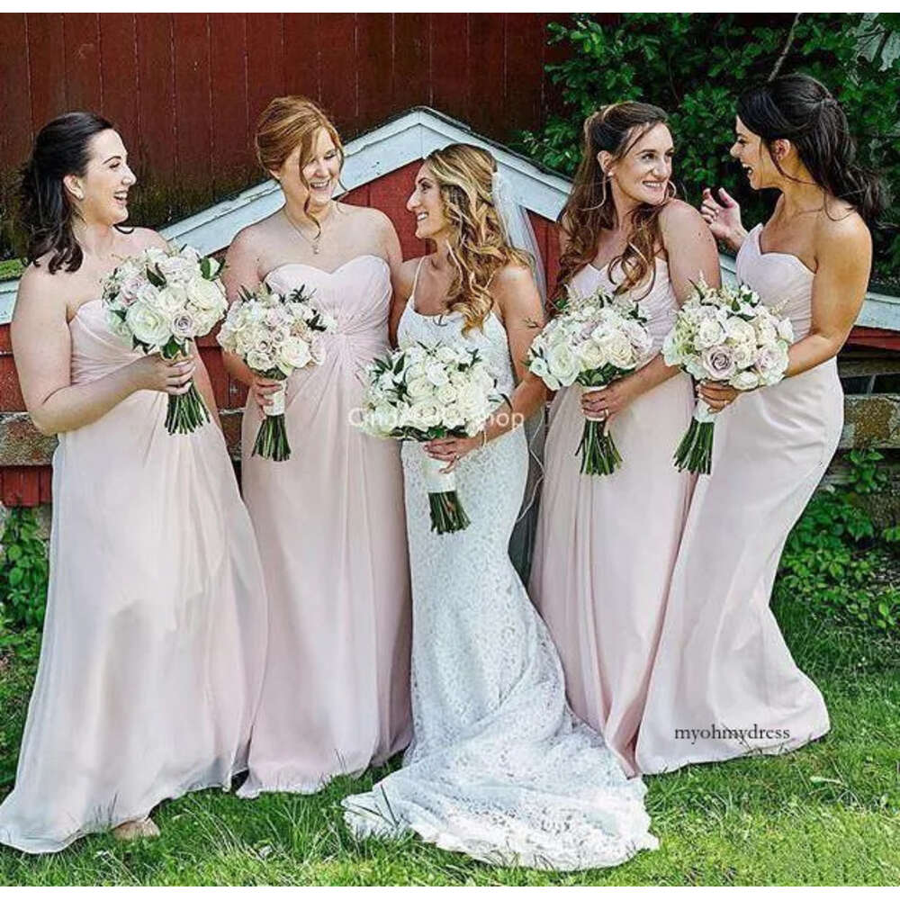 Pink Bridesmaid Chiffon Sweetheart Ruched Pleats A Line Floor Length Plus Size Maid Of Honor Gown Wedding Guest Dresses Z4 0510